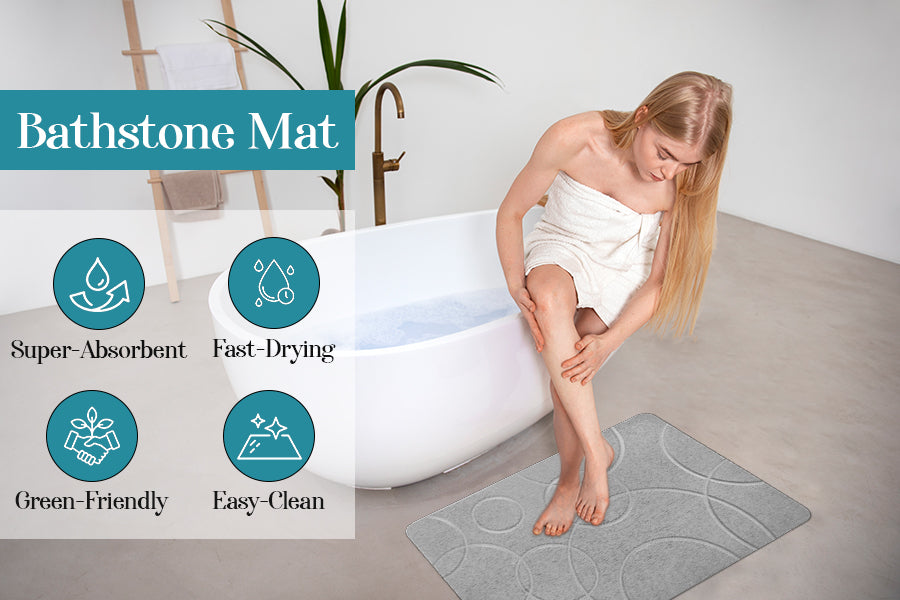 Stone Bath Mat - Diatomaceous Earth Shower Mat & Sink Caddy Set - Non-Slip Super Absorbent Quick Drying Bathroom Floor Mat - Premium Diatomite Stone - Elegant and Durable