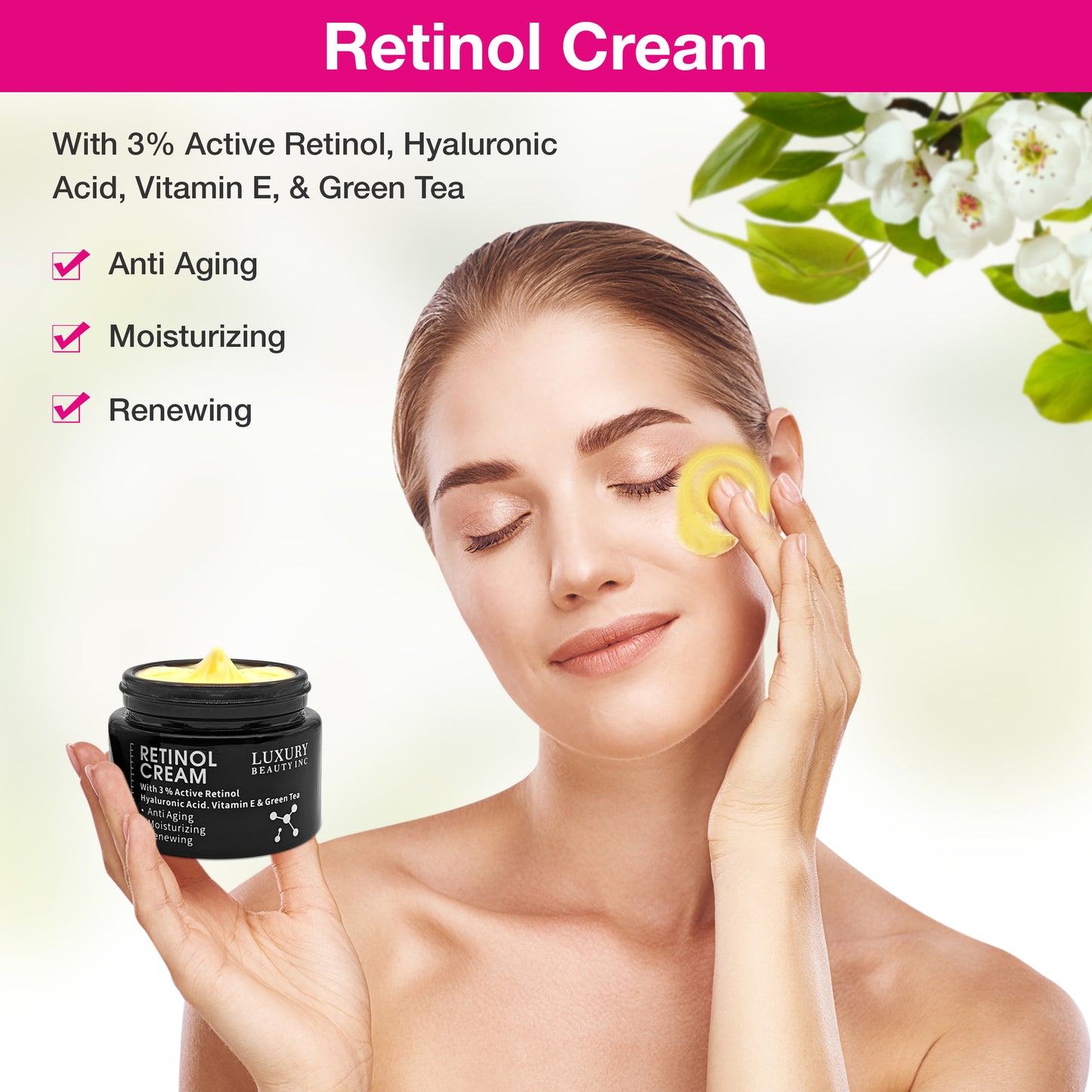 Luxury Beauty Inc Retinol Cream 3% Active Retinol Hyaluronic Acid Vitamin E Green Tea Anti-Aging Moisturizing Renewing Skincare Collagen Vitamin C Face Cream for Dark Spots, Repair Skin & Anti-Aging