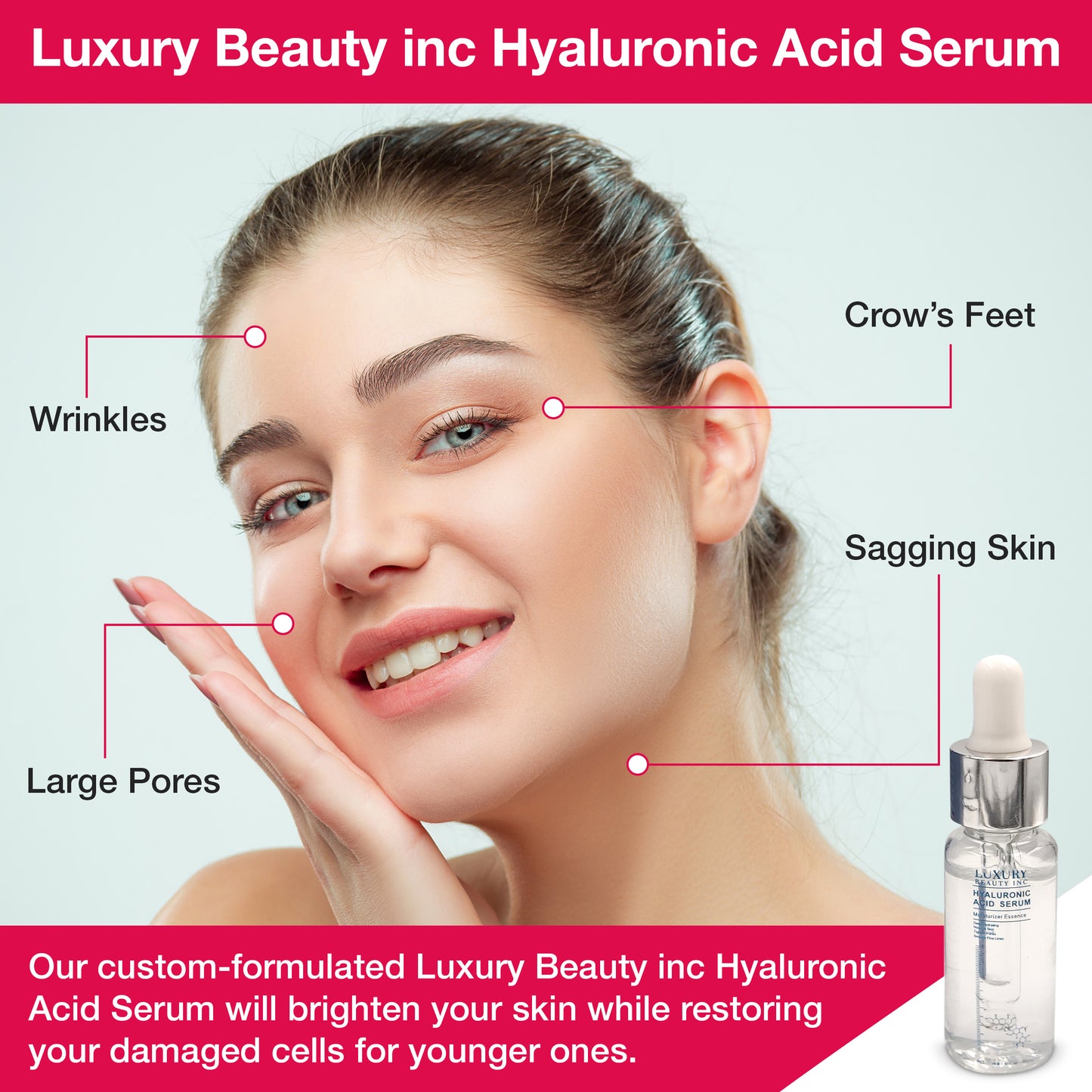 Luxury Beauty Inc 4D Hyaluronic Acid Facial Serum: Anti-Aging Moisturizer & Skin Care Solution to Reduce Eye Bags, Dark Spots & Fine Lines, Tightening Sagging Skin and Firming Wrinkles.