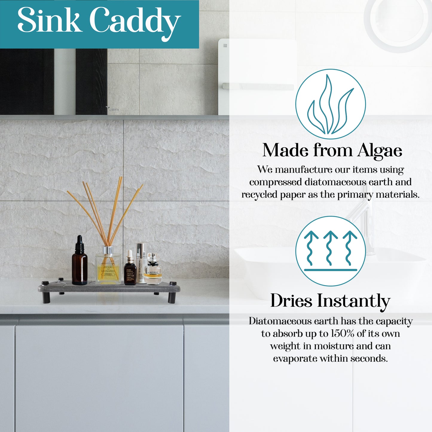 Stone Bath Mat - Diatomaceous Earth Shower Mat & Sink Caddy Set - Non-Slip Super Absorbent Quick Drying Bathroom Floor Mat - Premium Diatomite Stone - Elegant and Durable