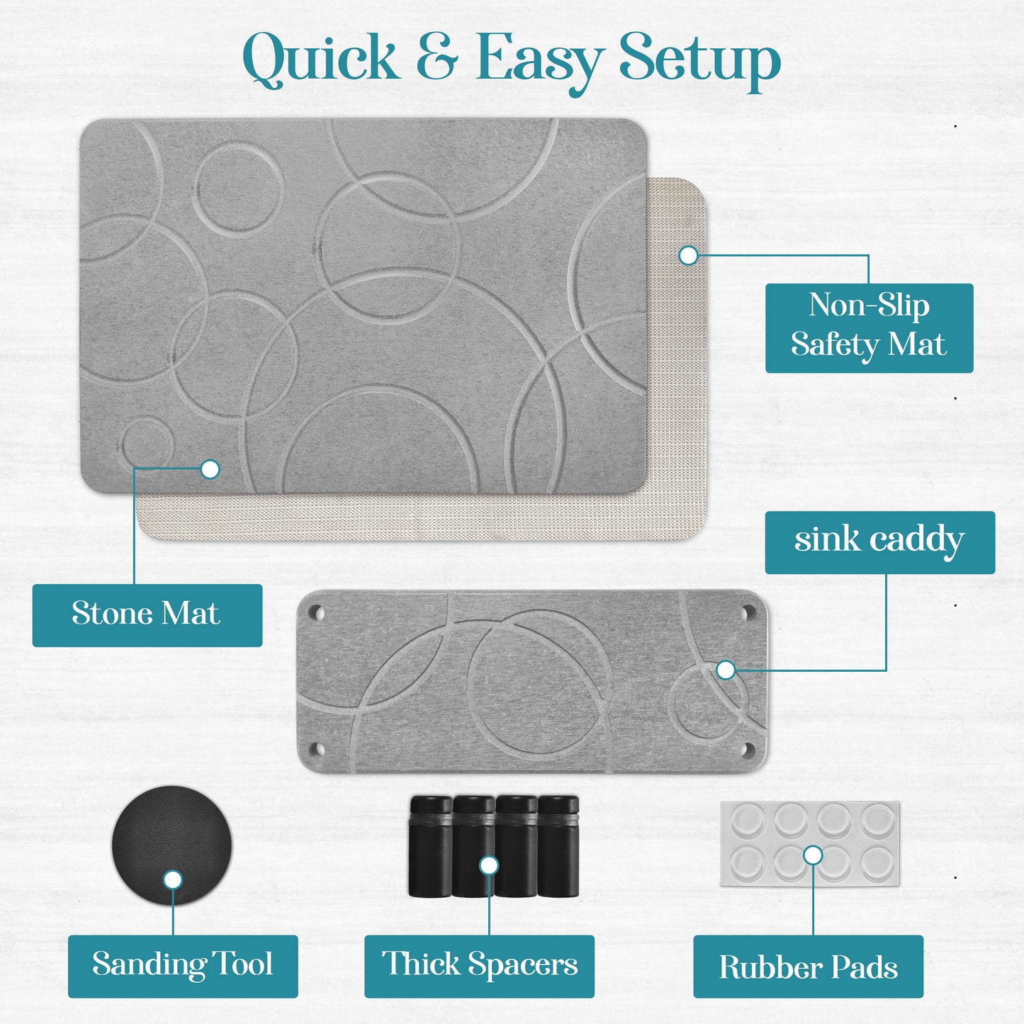 Stone Bath Mat - Diatomaceous Earth Shower Mat & Sink Caddy Set - Non-Slip Super Absorbent Quick Drying Bathroom Floor Mat - Premium Diatomite Stone - Elegant and Durable